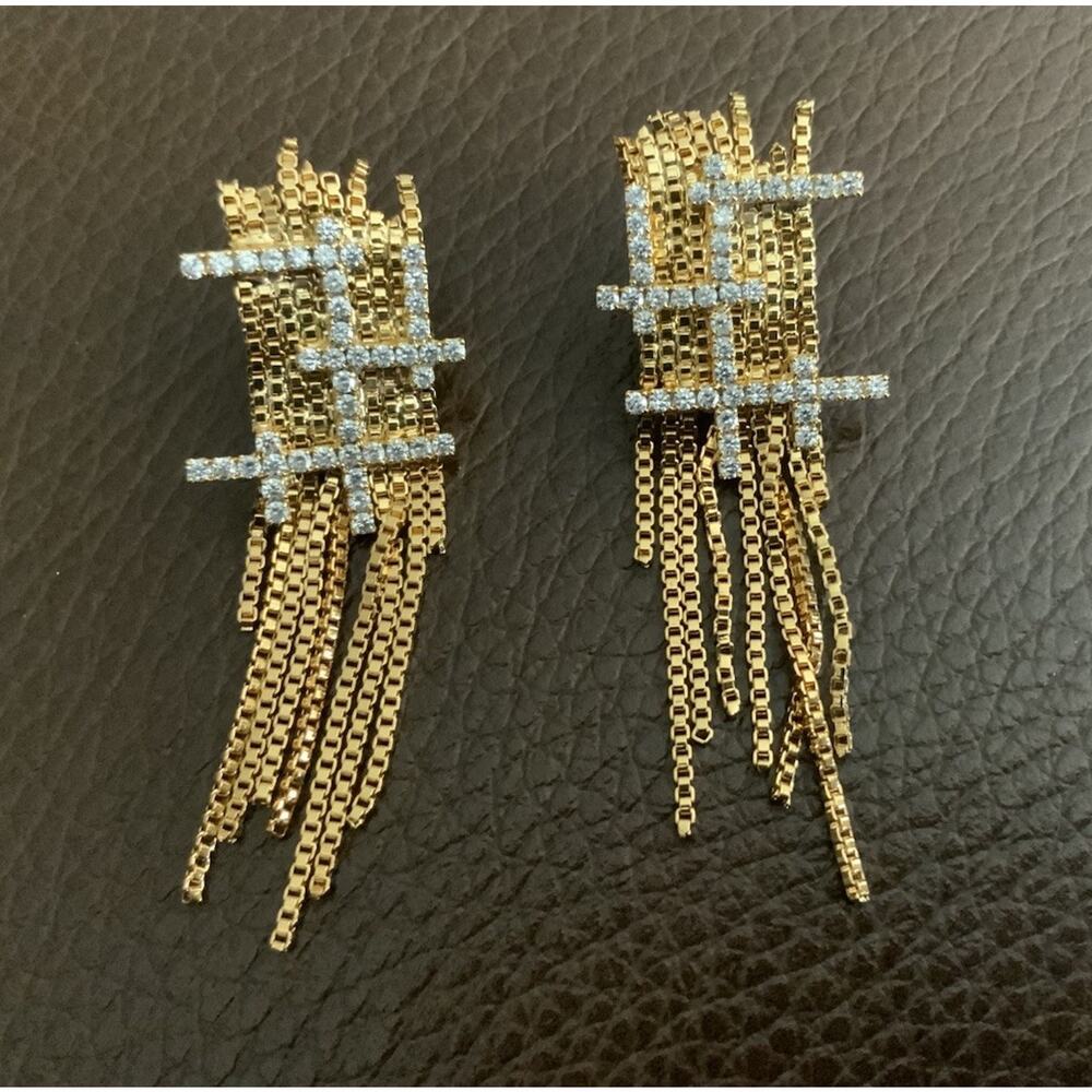 Gold Tassel Fringe Chain Stud Earrings Crystal CZ Geometric Sculptural Statement - Picture 6 of 8